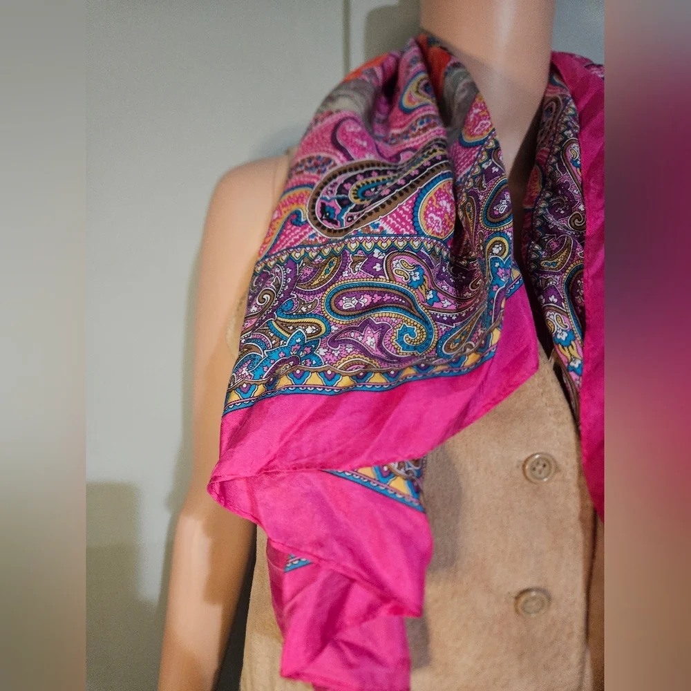 Adrienne Vittadini 100% Silk Paisley Floral Scarf Wrap Shawl. Magenta Pink Multi